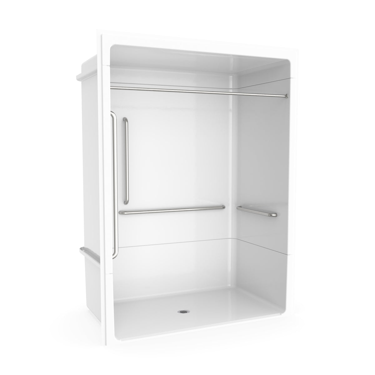 Maax Outlook BFS-6036A - NBC Alberta Compliant Acrylic Alcove Center Drain Beveled Threshold Three-Piece Shower in White with Left L-Shaped Naugahyde Seat - image 2