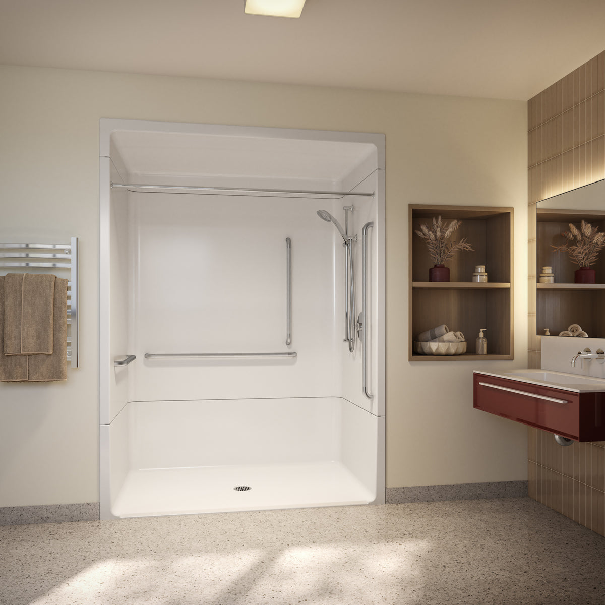 Maax Outlook BFS-6036A - NBC Alberta Compliant Acrylic Alcove Center Drain Beveled Threshold Three-Piece Shower in White with Left L-Shaped Naugahyde Seat - image 5