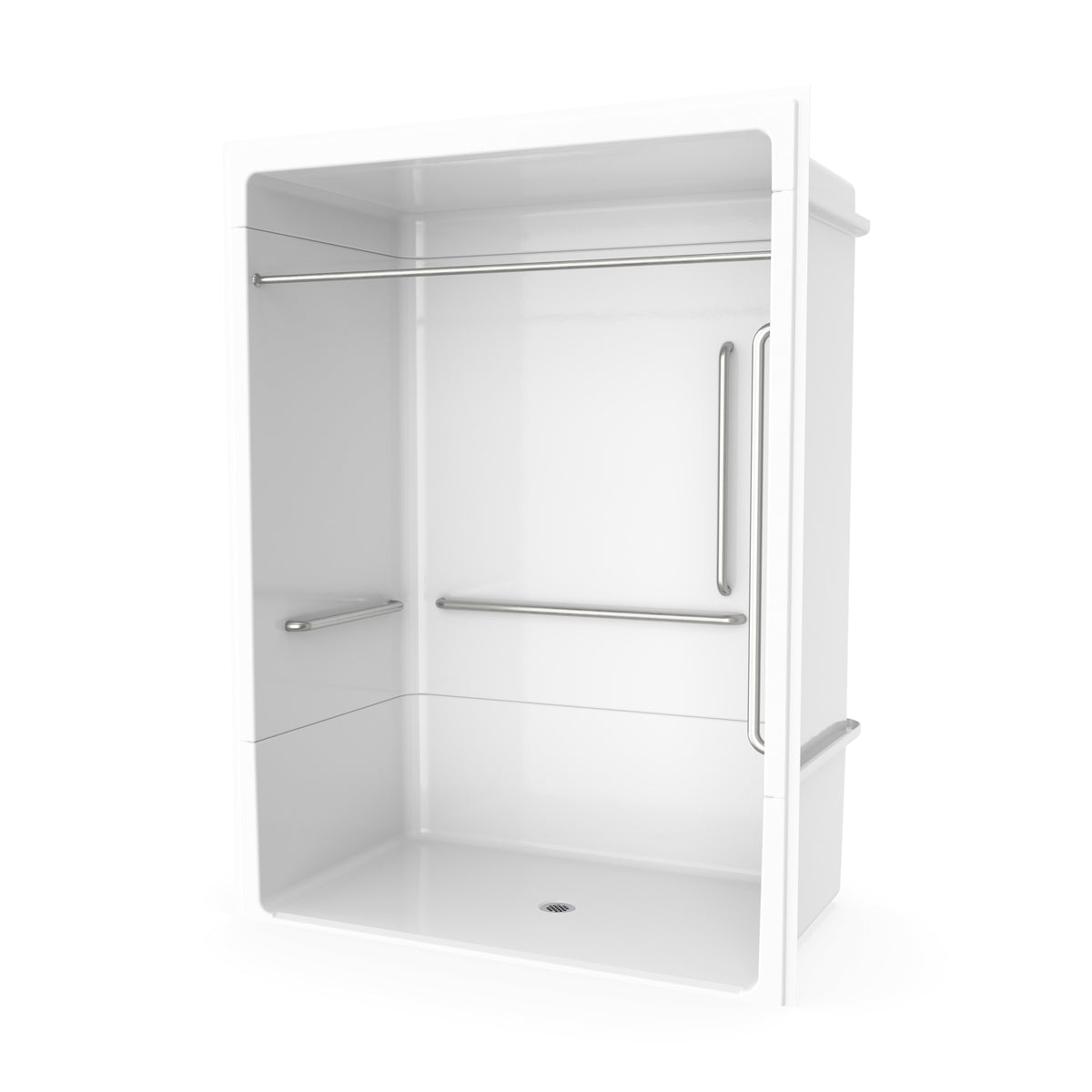 Maax Outlook BFS-6036A - NBC Alberta Compliant Acrylic Alcove Center Drain Beveled Threshold Three-Piece Shower in White with Left L-Shaped Naugahyde Seat - image 6