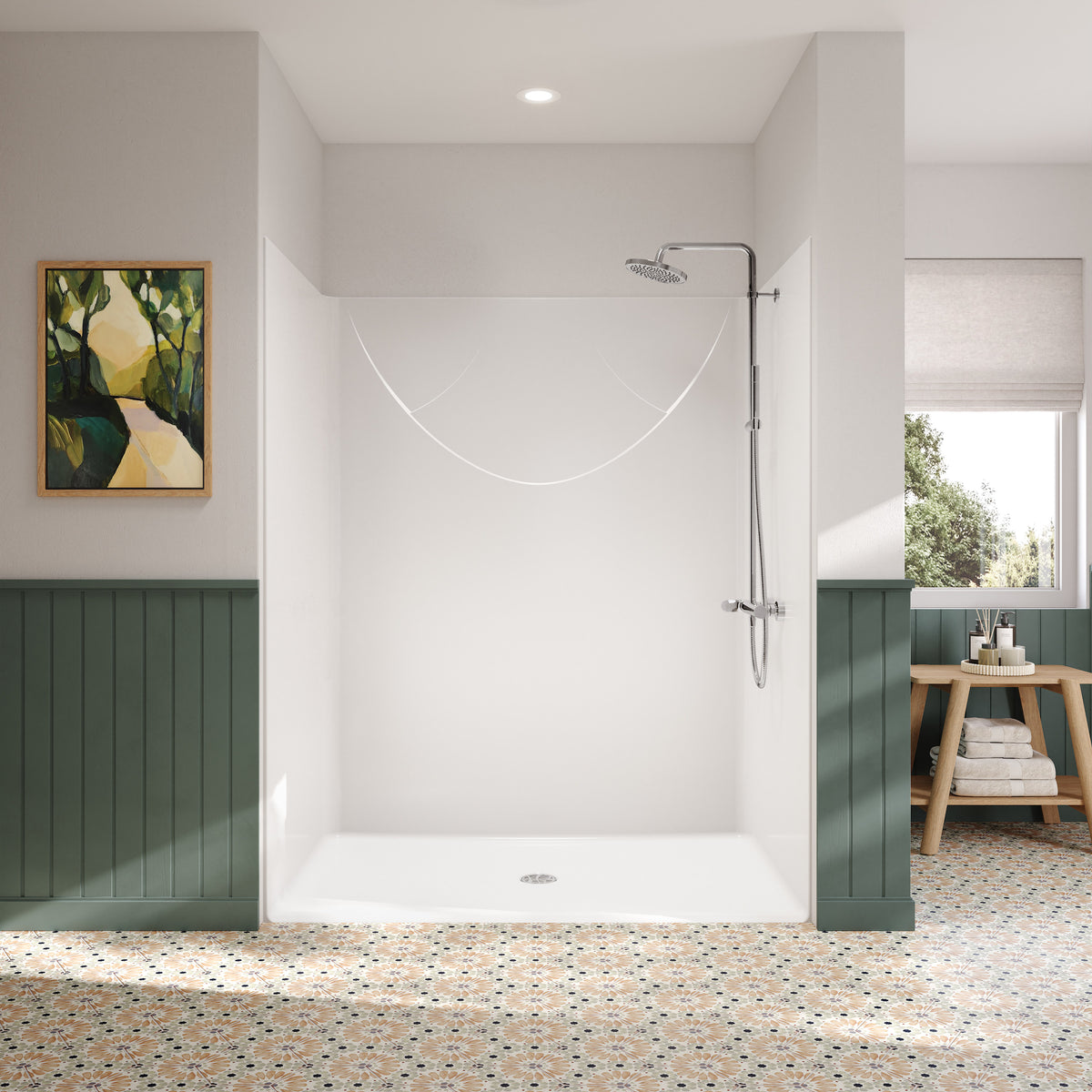 Maax Outlook BFS-6036F - ADA/ANSI Compliant AcrylX Alcove Center Drain Shower in White with Right L-Shaped Naugahyde Seat