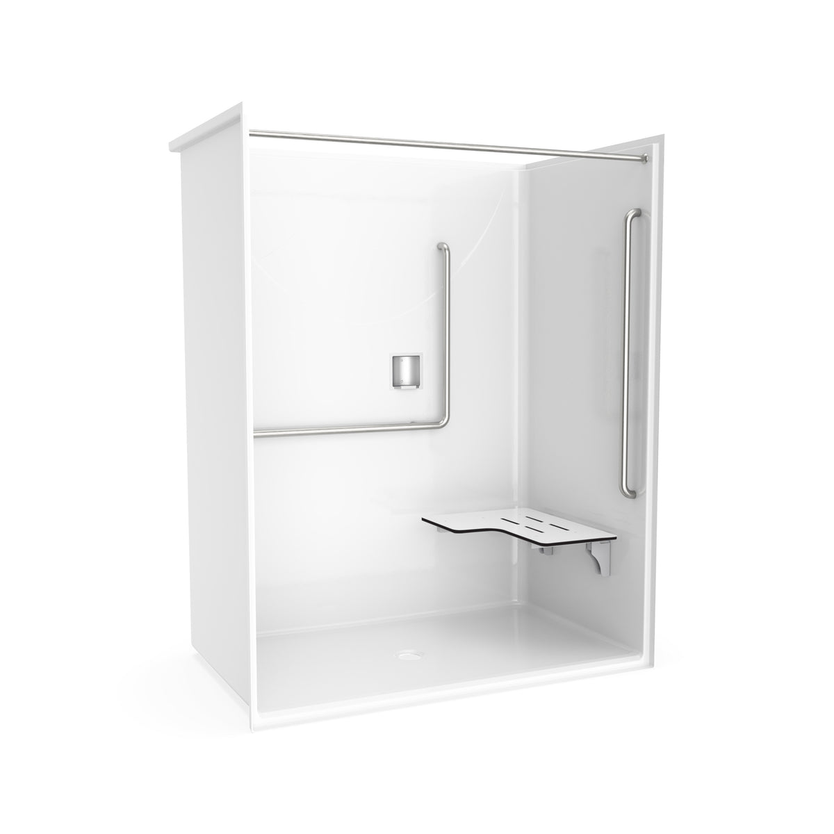 Maax Outlook BFS-6036F - ADA/ANSI Compliant AcrylX Alcove Center Drain Shower in White with Right L-Shaped Naugahyde Seat - image 17