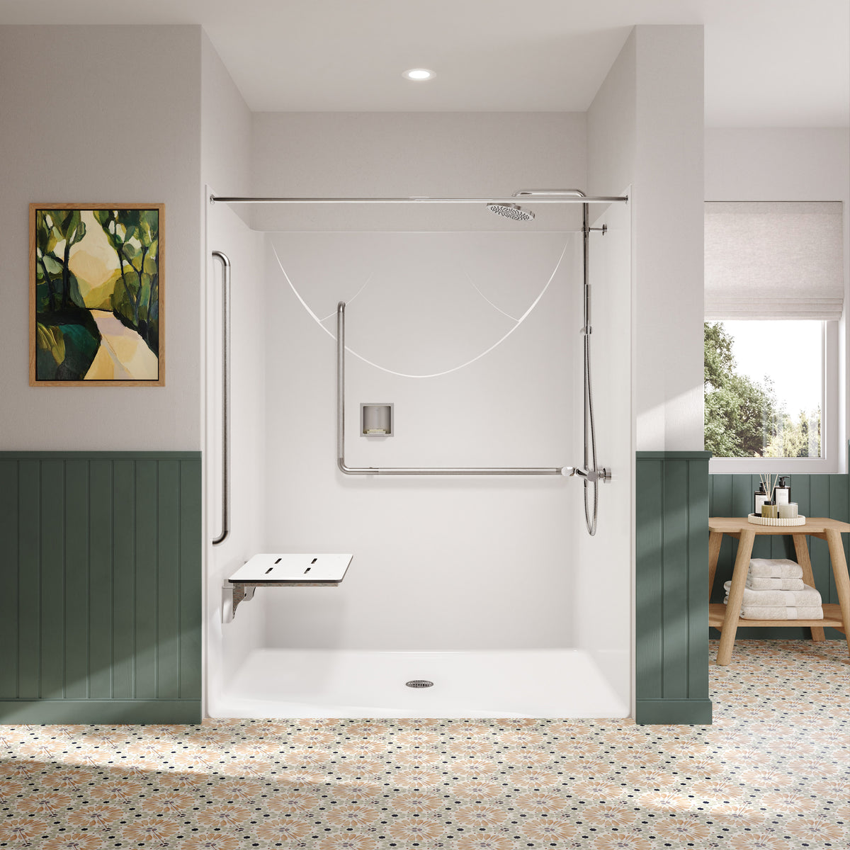 Maax Outlook BFS-6036F - ADA/ANSI Compliant AcrylX Alcove Center Drain Shower in White with Right L-Shaped Naugahyde Seat - image 2