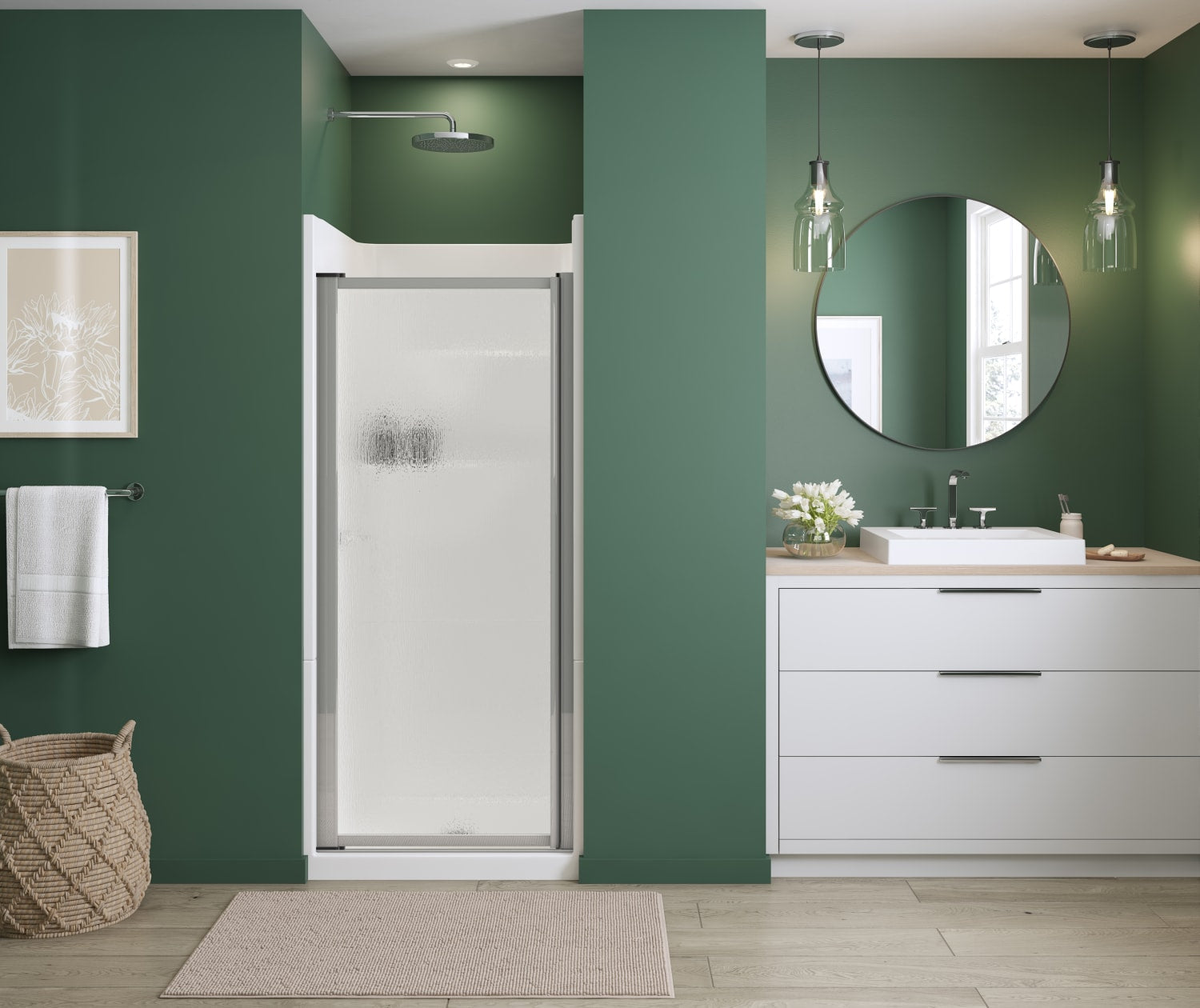 Polar Pivot 29-30 ¾ in. x 64 ½ in. Pivot Shower Door for Alcove Installation with Raindrop glass in Chrome - Plumbing Market