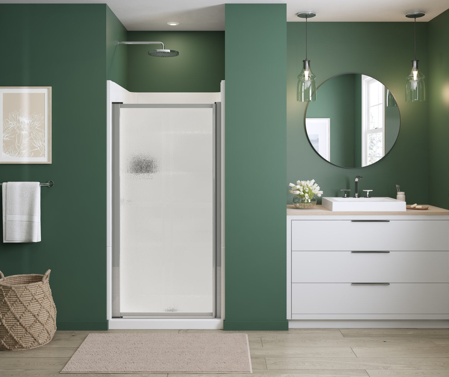 Polar Pivot 31-32 ¾ in. x 64 ½ in. Pivot Shower Door for Alcove Installation with Raindrop glass in Chrome - Plumbing Market