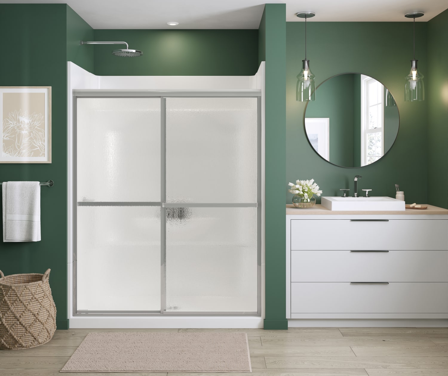 Polar 54-59 ½ in. x 68 in. Bypass Shower Door for Alcove Installation with Raindrop glass in Chrome - Plumbing Market