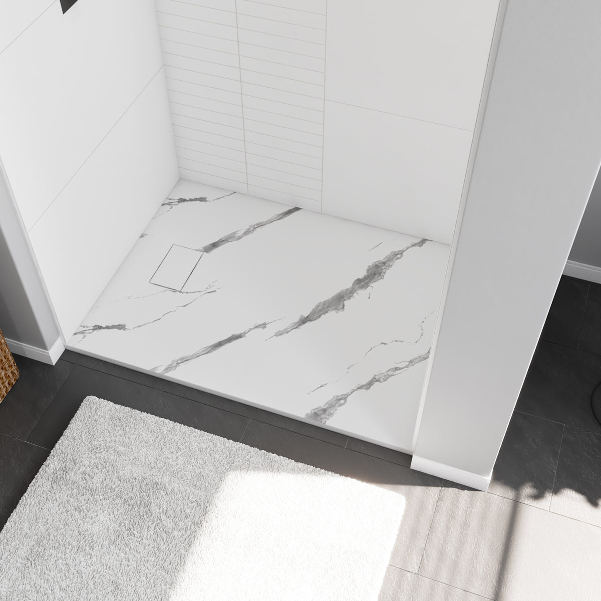 Maax Stonea 4836 Solid Surface Universal Shower Base in White Marble with End Drain - image 6