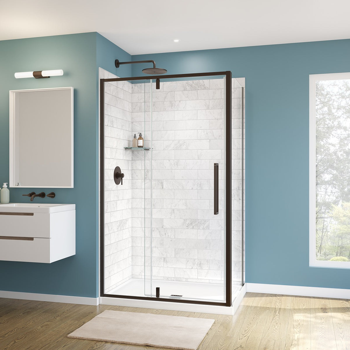 Maax Uptown 45-47 x 76 in 8 mm Pivot Shower Door for Alcove Installation with Clear glass in Matte Black & Wood - image 10