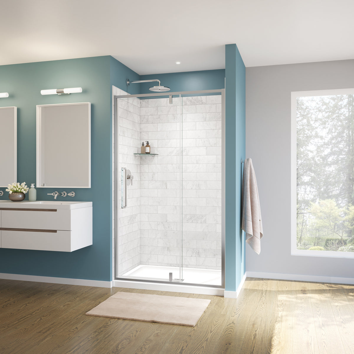 Maax Uptown 45-47 x 76 in 8 mm Pivot Shower Door for Alcove Installation with Clear glass in Matte Black & Wood - image 11