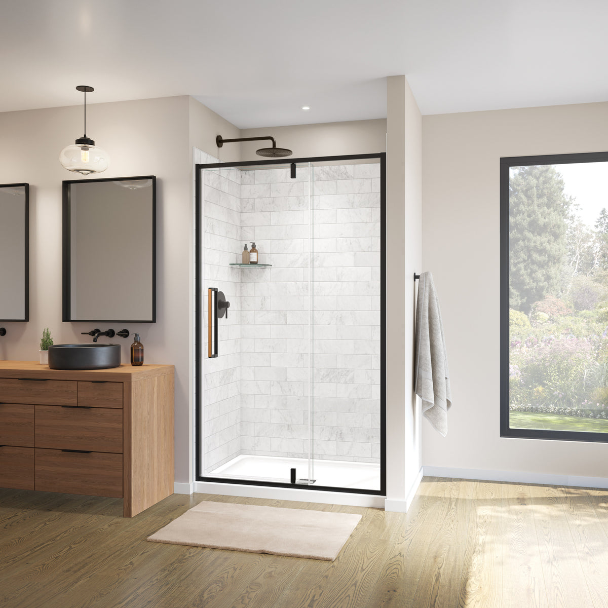 Maax Uptown 45-47 x 76 in 8 mm Pivot Shower Door for Alcove Installation with Clear glass in Matte Black & Wood - image 17