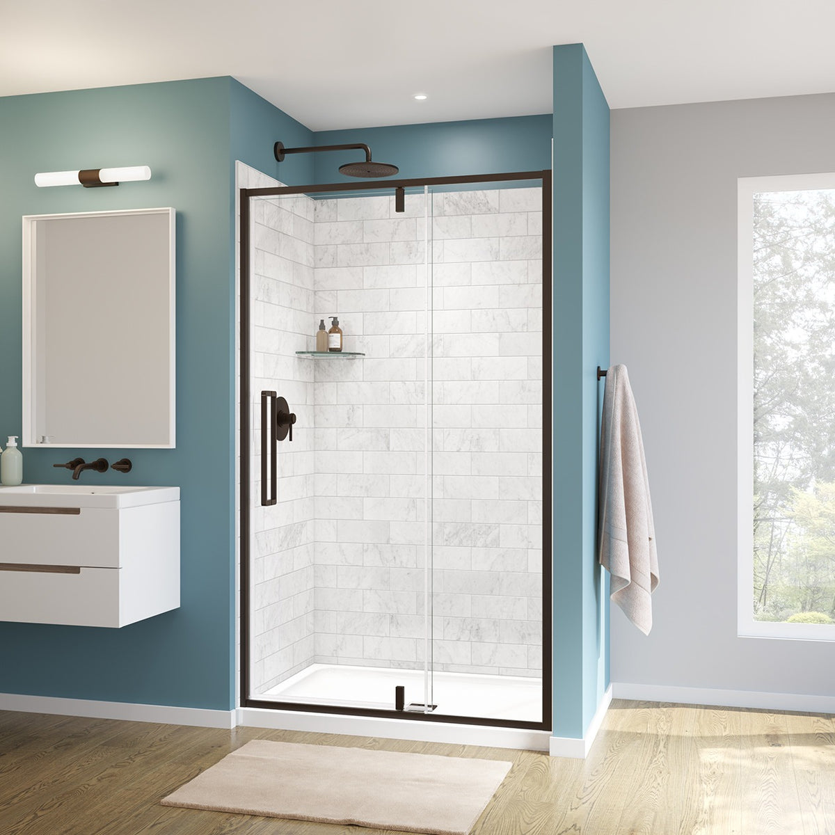 Maax Uptown 45-47 x 76 in 8 mm Pivot Shower Door for Alcove Installation with Clear glass in Matte Black & Wood - image 6