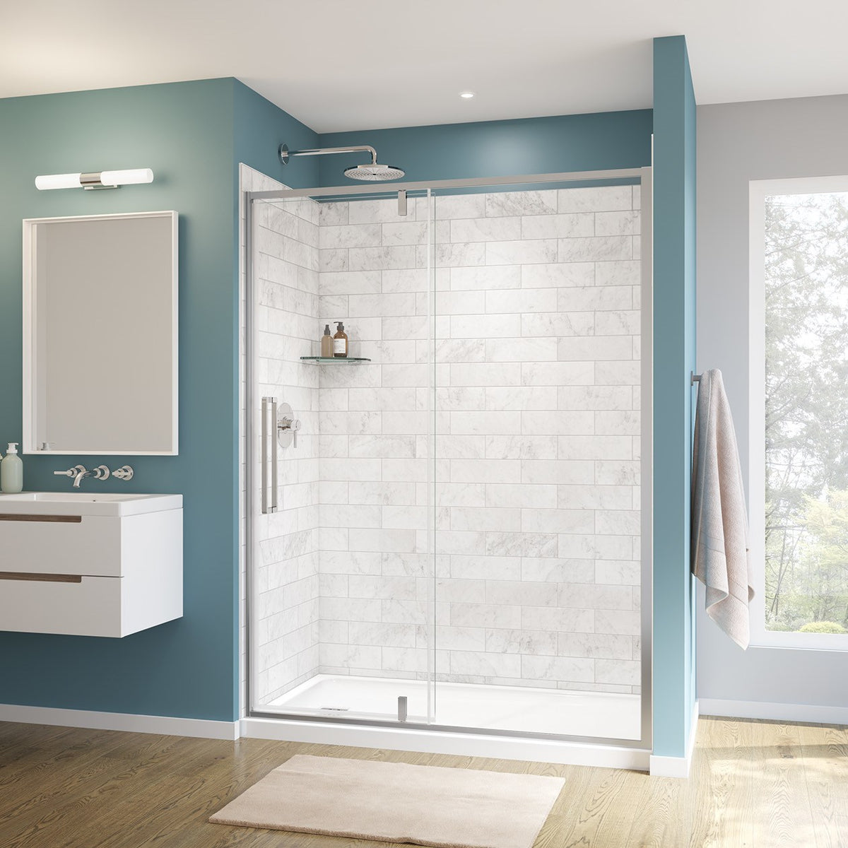 Maax Uptown 57-59 x 76 in 8 mm Pivot Shower Door for Alcove Installation with Clear glass in Dark Bronze & Beige Marble