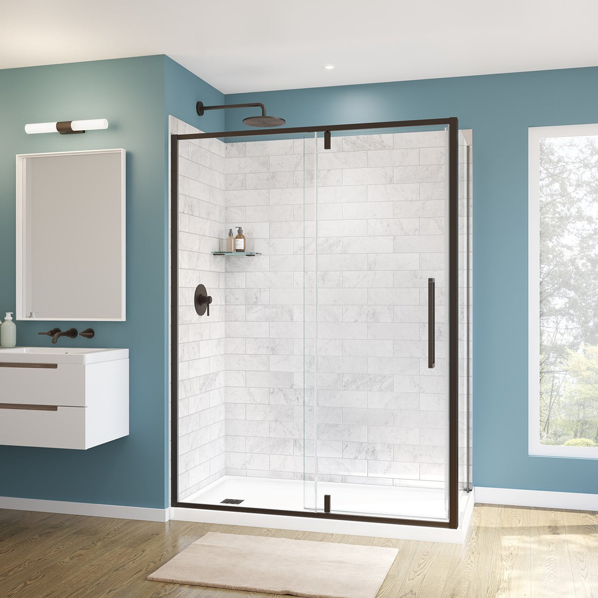 Maax Uptown 57-59 x 76 in 8 mm Pivot Shower Door for Alcove Installation with Clear glass in Dark Bronze & Beige Marble - image 10