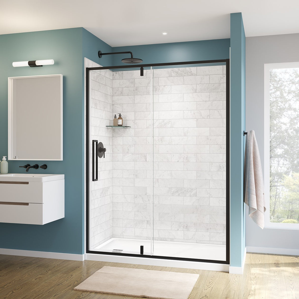 Maax Uptown 57-59 x 76 in 8 mm Pivot Shower Door for Alcove Installation with Clear glass in Dark Bronze & Beige Marble - image 25