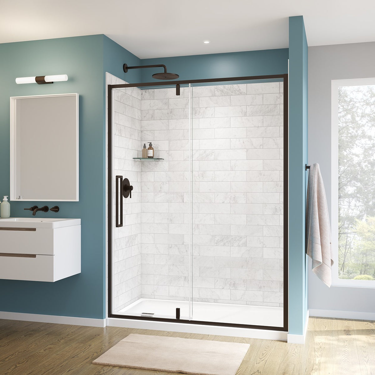 Maax Uptown 57-59 x 76 in 8 mm Pivot Shower Door for Alcove Installation with Clear glass in Dark Bronze & Beige Marble - image 6