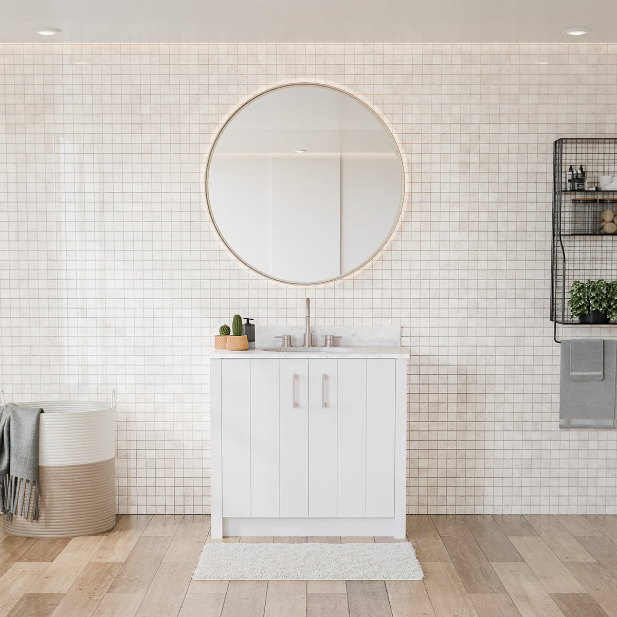 Maax Urba 36 in Freestanding Single Sink Vanity in White with White Marble Top and Brushed Gold Hardware
