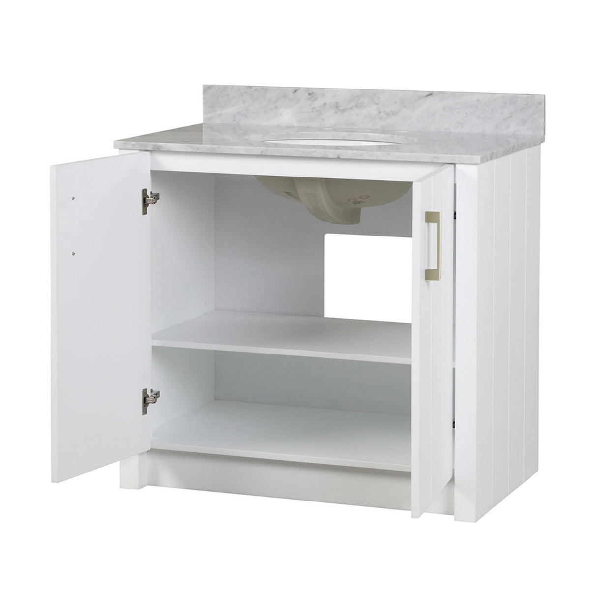 Maax Urba 36 in Freestanding Single Sink Vanity in White with White Marble Top and Brushed Gold Hardware - image 3