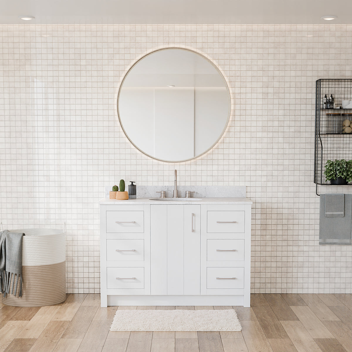 Maax Urba 48 in Freestanding Single Sink Vanity in White with White Quartz Top and Brushed Gold Hardware