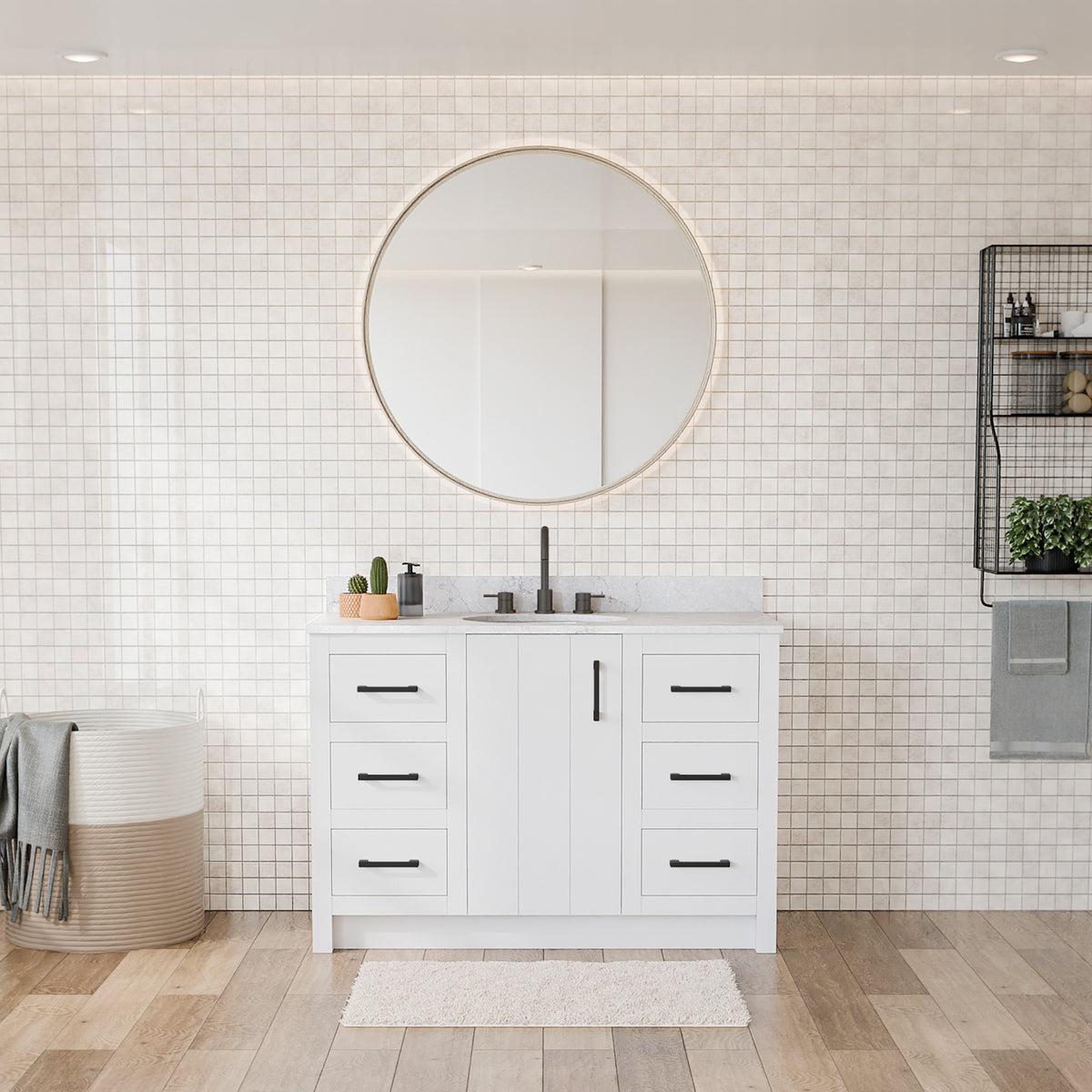 Maax Urba 48 in Freestanding Single Sink Vanity in White with White Quartz Top and Brushed Gold Hardware - image 6