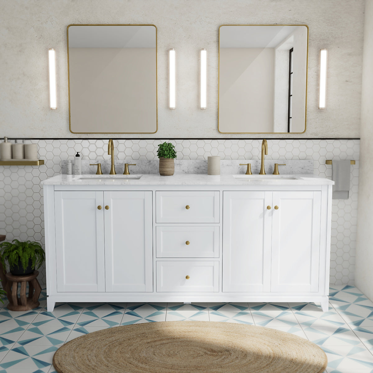 Maax Vanuria 72 in Freestanding Double Sink Vanity in White with White Marble Top and Brushed Gold Hardware - image 9