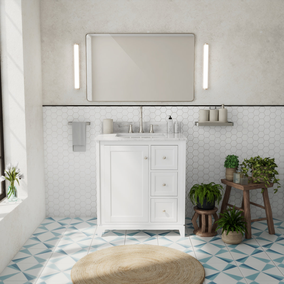 Maax Vanuria Right 30 in Freestanding Single Sink Vanity in White with White Marble Top and Matte Black Hardware