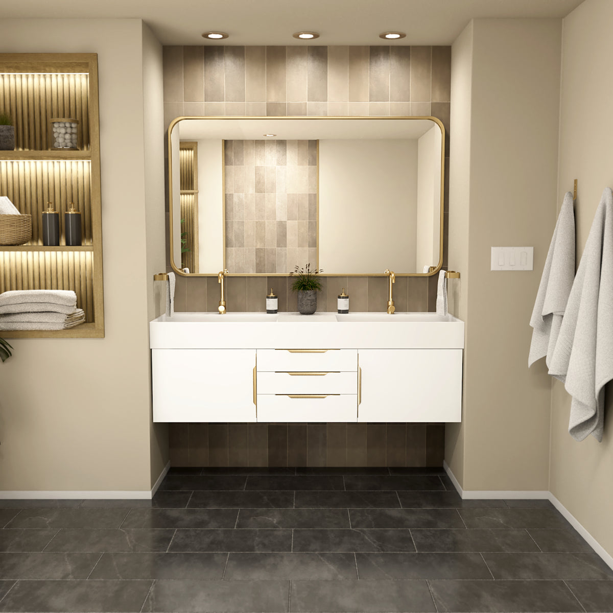 Maax Zidea 60 in Floating Double Integral Sink Vanity in White with White Solid Surface Top
