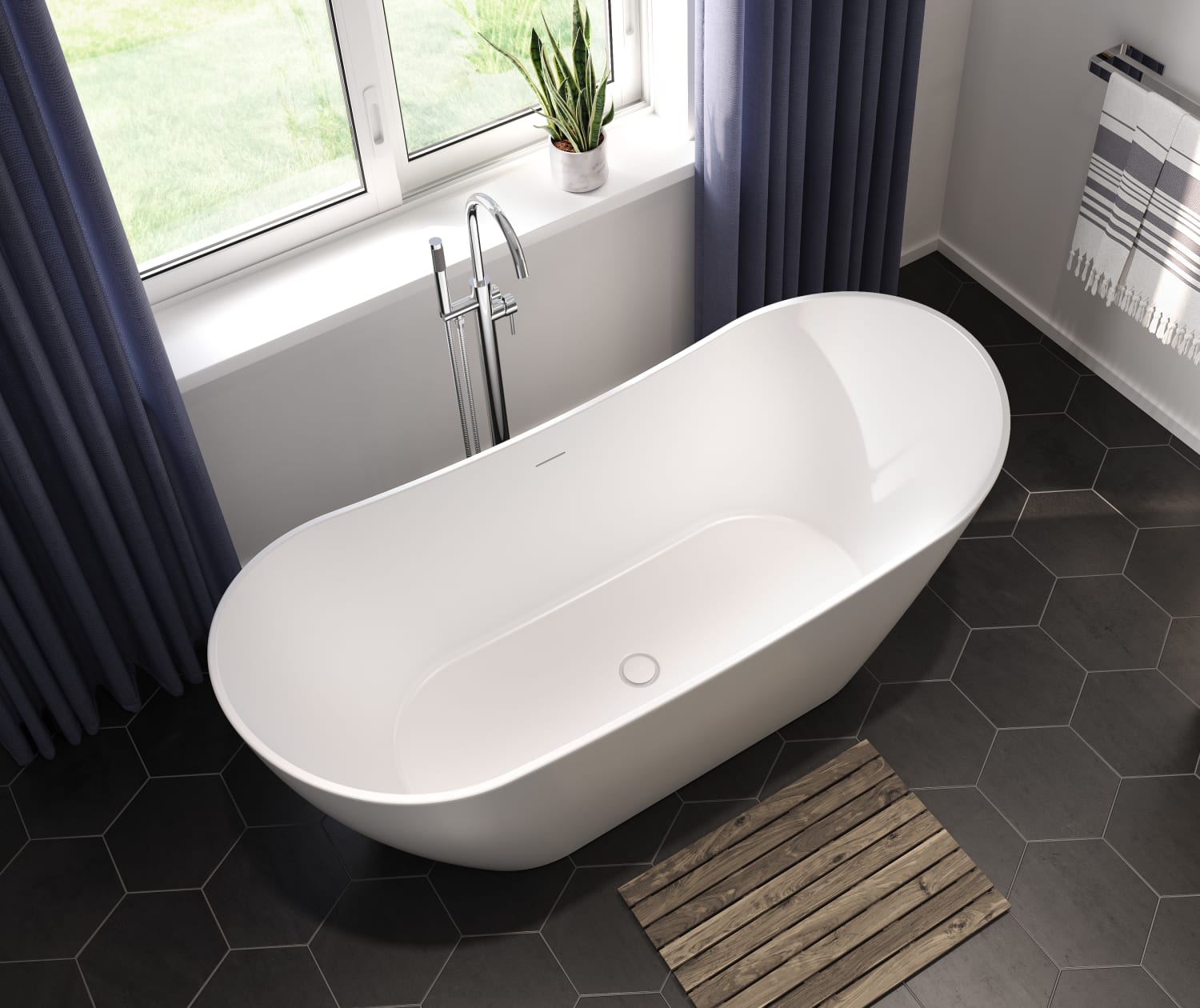 Mahaba 67 x 29 Acrylic Freestanding Oval Center Drain Bathtub in White - Plumbing Market