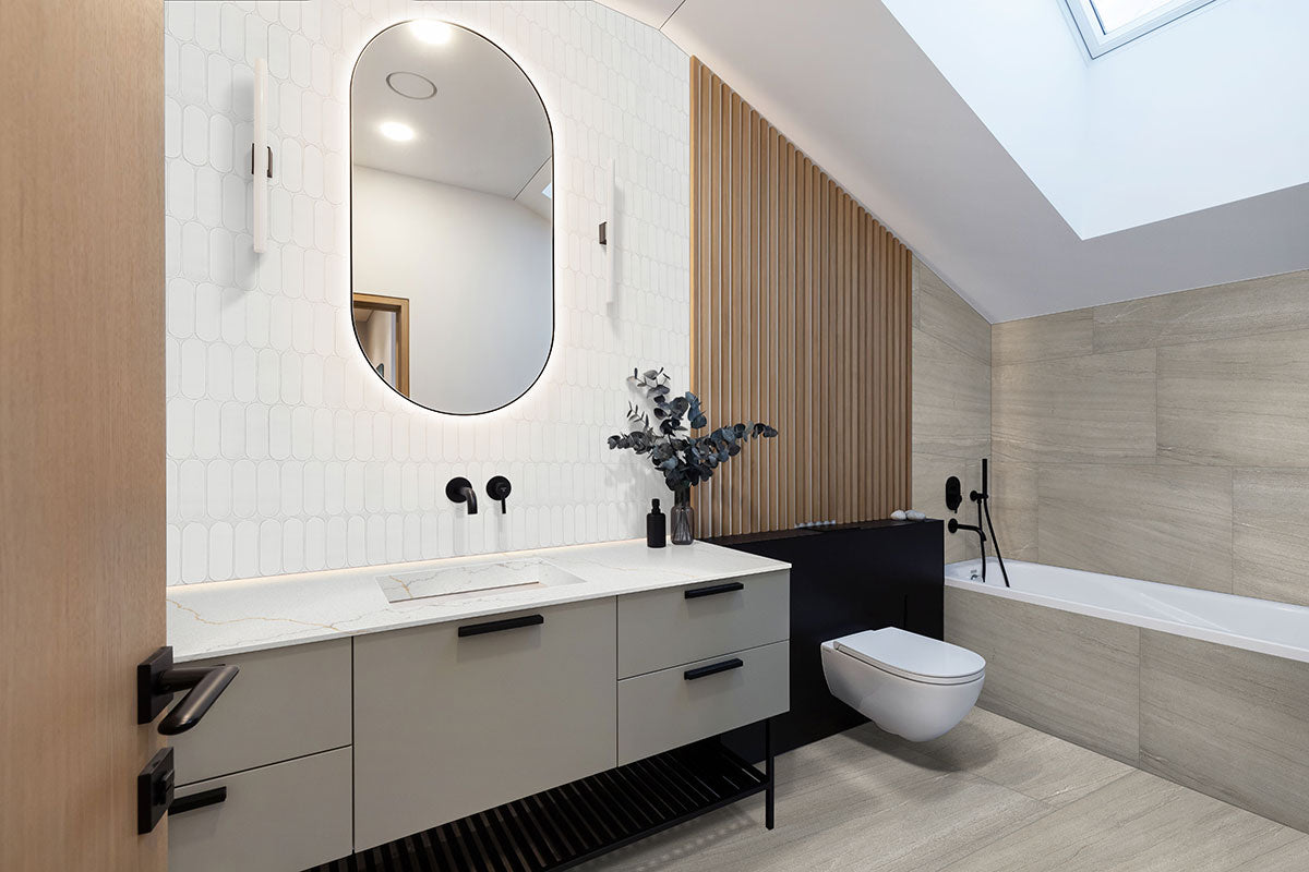 MSI Malahari Greige 3 x 24 Lappato Porcelain trim (NMALGRE3X24BNL-3D) – MSI room scene (bathroom)