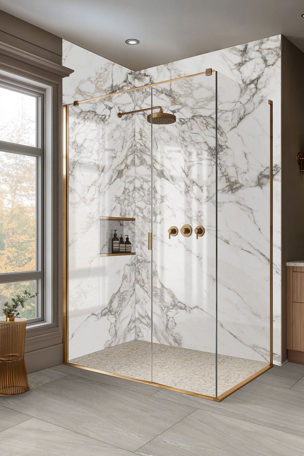 MSI Malahari Greige 2 x 2 Lappato Porcelain mosaic (NMALGRE2X2L-3D) – MSI room scene (bathroom)