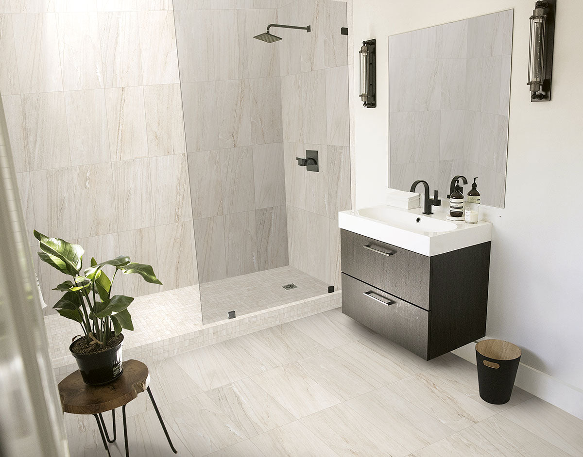 MSI Malahari White 3 x 24 Lappato Porcelain trim (NMALWHI3X24BNL-3D) – MSI room scene (bathroom)