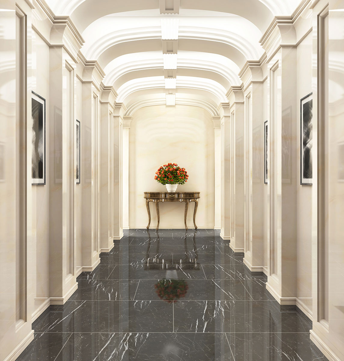 MSI Regallo Marquina Noir 3 x 24 Polished Porcelain trim (NREGMARNOI3X24BNP) – MSI room scene
