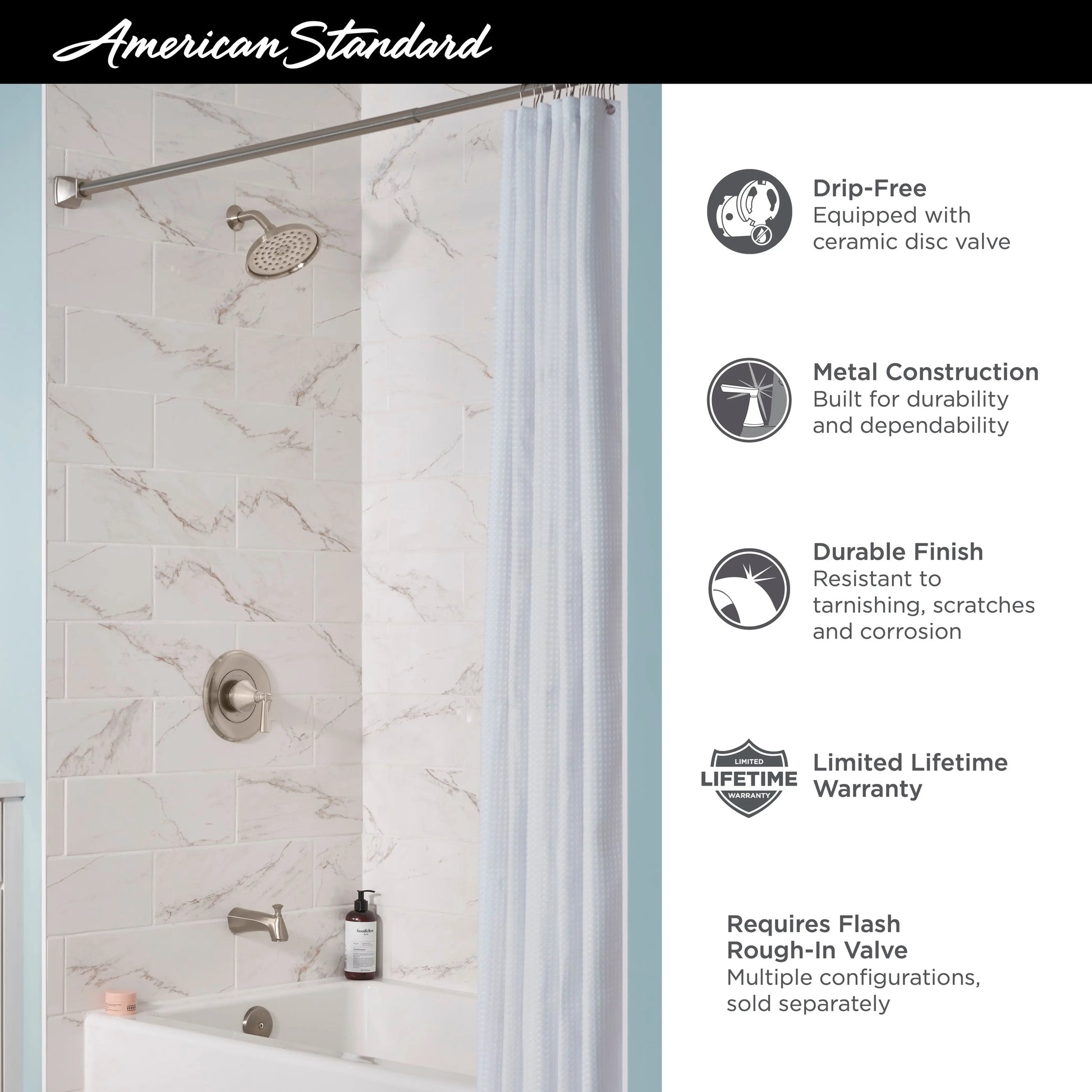 American Standard Glenmere 1.8 gpm/6.8 L/min Tub and Shower Trim Kit With Water-Saving Showerhead, Double Ceramic Pressure Balance Cartridge With Lever Handle TU617508.002 - Plumbing Market