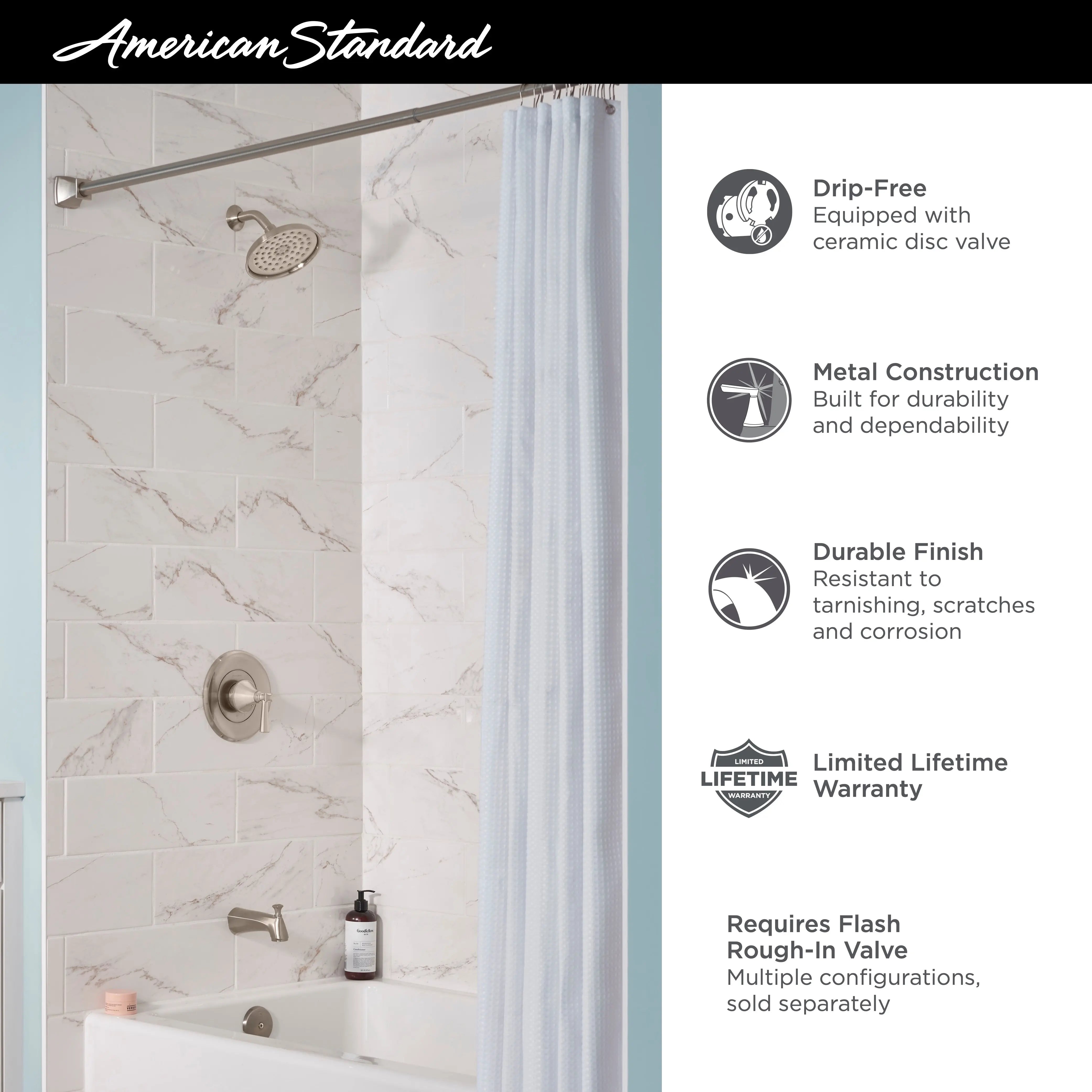 American Standard Glenmere 1.8 gpm/6.8 L/min Tub and Shower Trim Kit With Water-Saving Showerhead, Double Ceramic Pressure Balance Cartridge With Lever Handle TU617508.002 - Plumbing Market