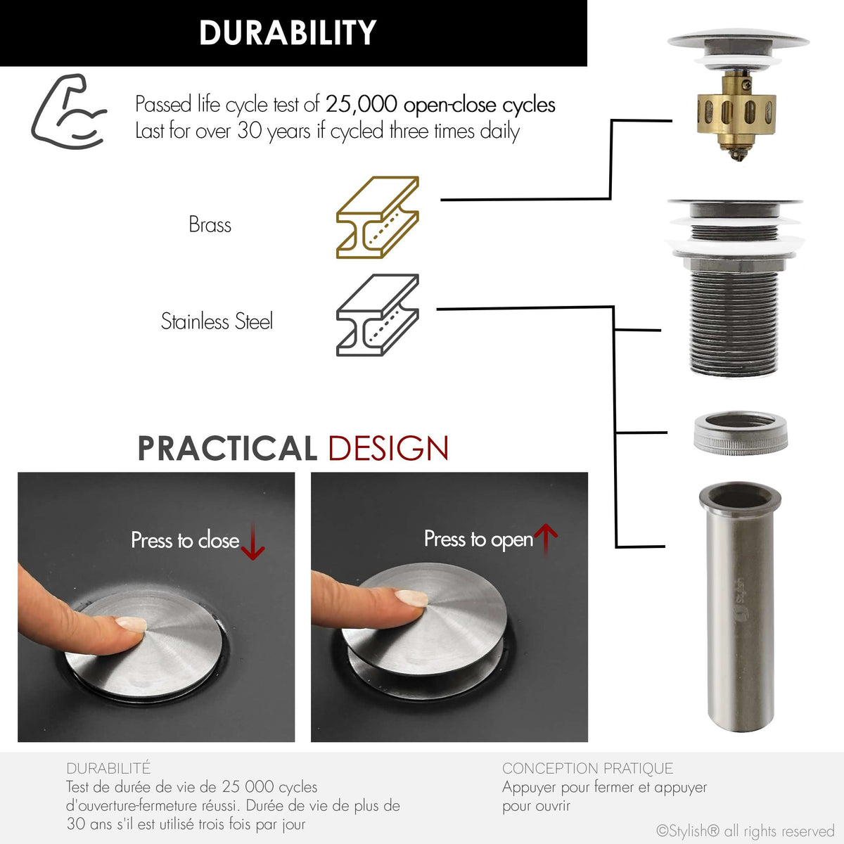 Stylish Pop-Up Bathroom Sink Drains Set Without Overflow Brushed Nickel D-702B2