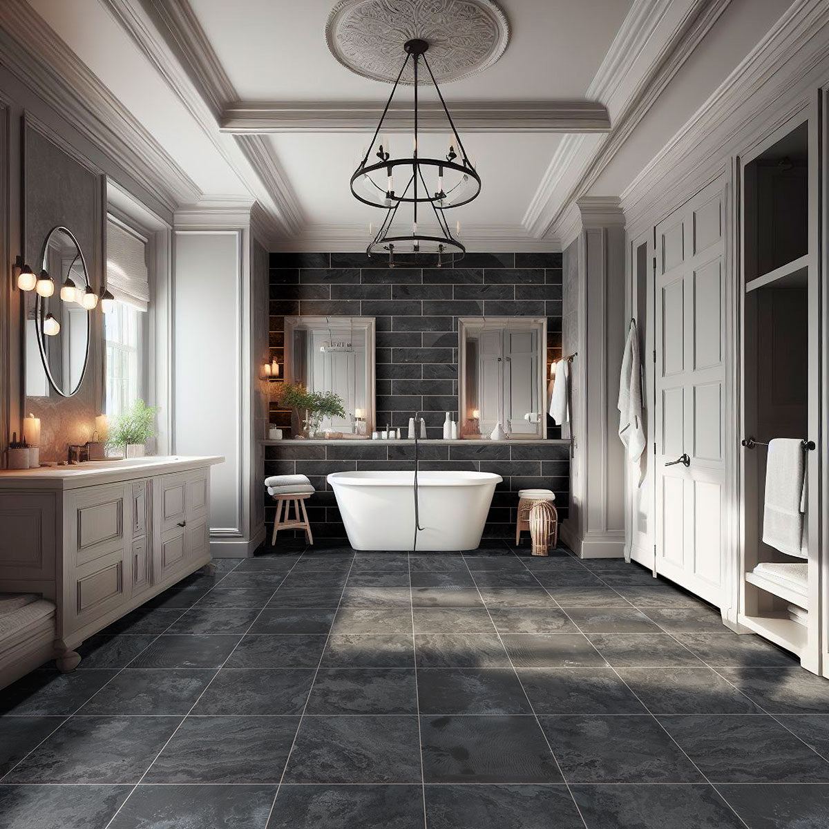 MSI Montauk Black 12 x 12 Honed Slate tile (SMONBLK1212H) – MSI room scene (bathroom)
