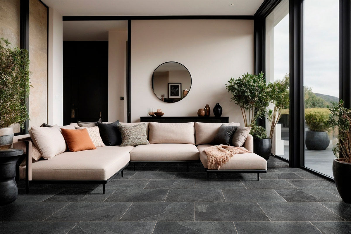 MSI Montauk Black 16 x 16 Gauged Slate tile (SMONBLK1616G) – MSI room scene (living room)