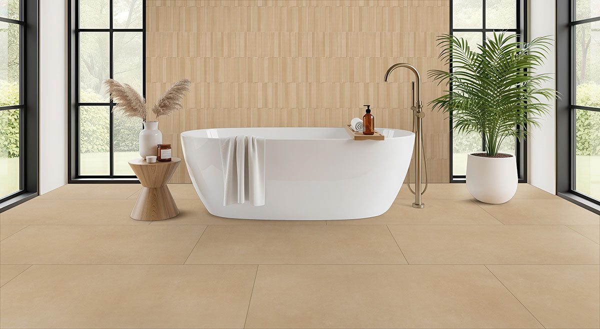 MSI Murcia Dune Origin 16 x 48 Matte Ceramic tile (NMURDUNORI1648) – MSI room scene (bathroom)