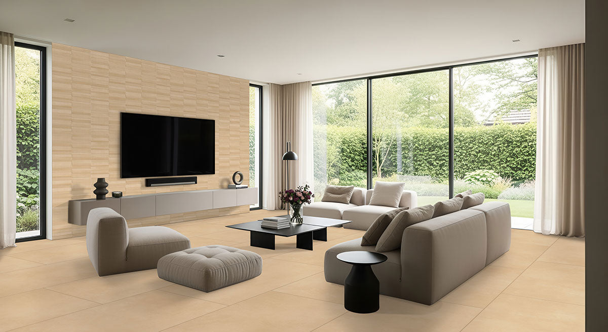 MSI Murcia Dune Origin 16 x 48 Matte Ceramic tile (NMURDUNORI1648) – MSI room scene (living room)