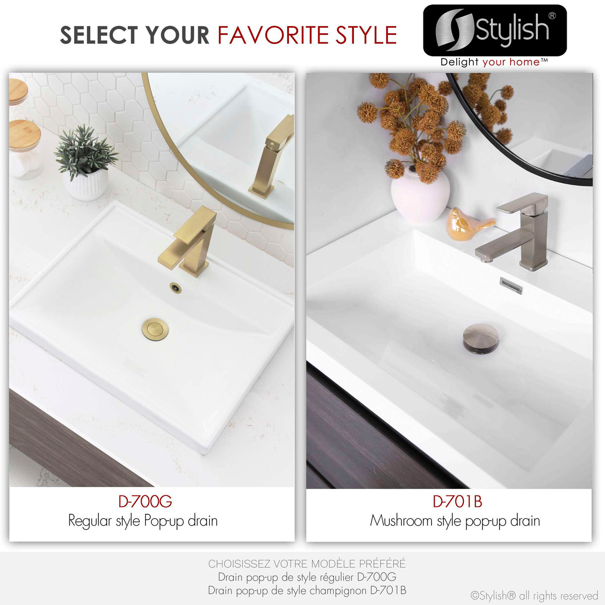 Stylish Pop-Up Bathroom Sink Drains Set with Overflow Brushed Gold D-700G2
