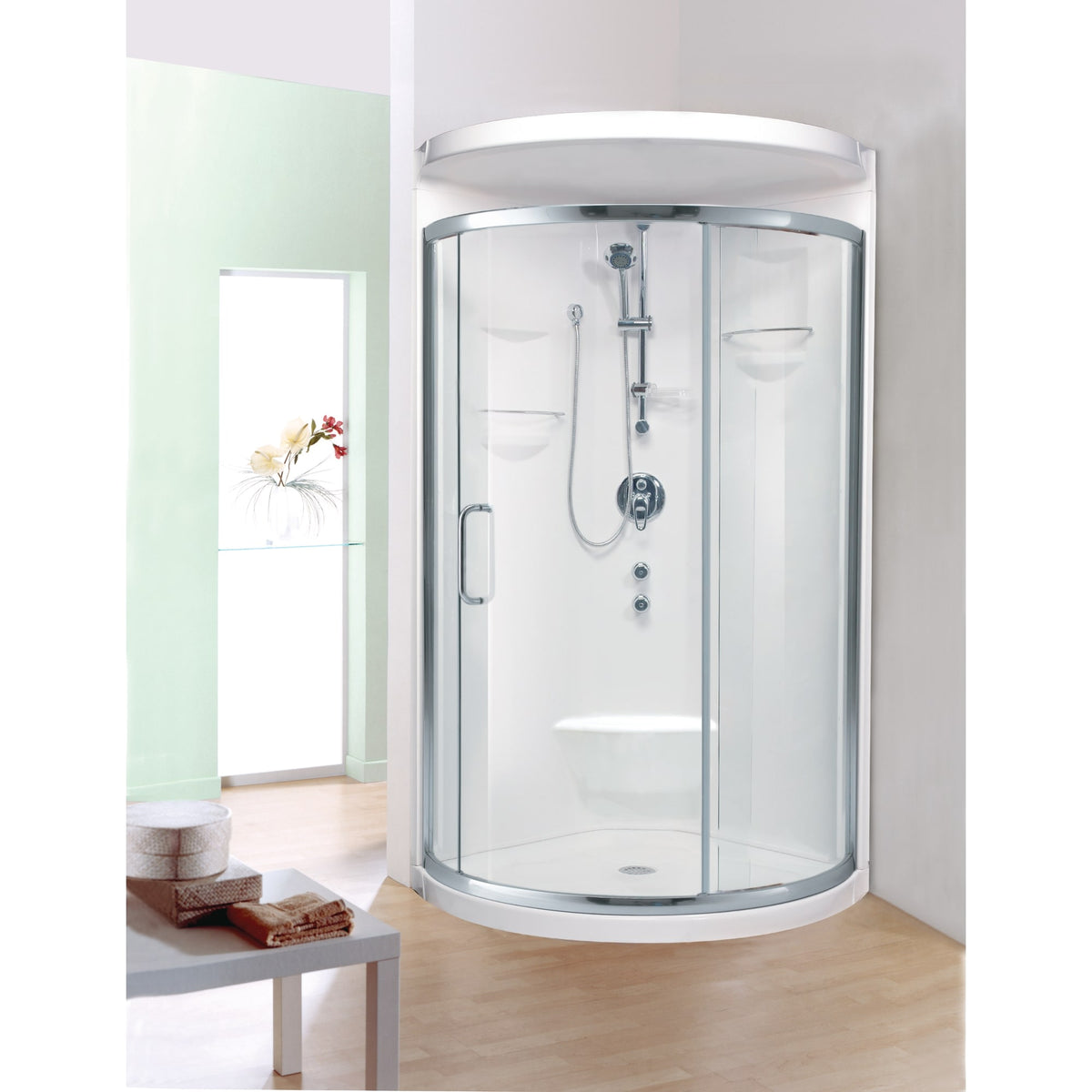 Neptune Alea 3232 Round Acrylic Corner Two-Piece Shower with Center Drain in White
