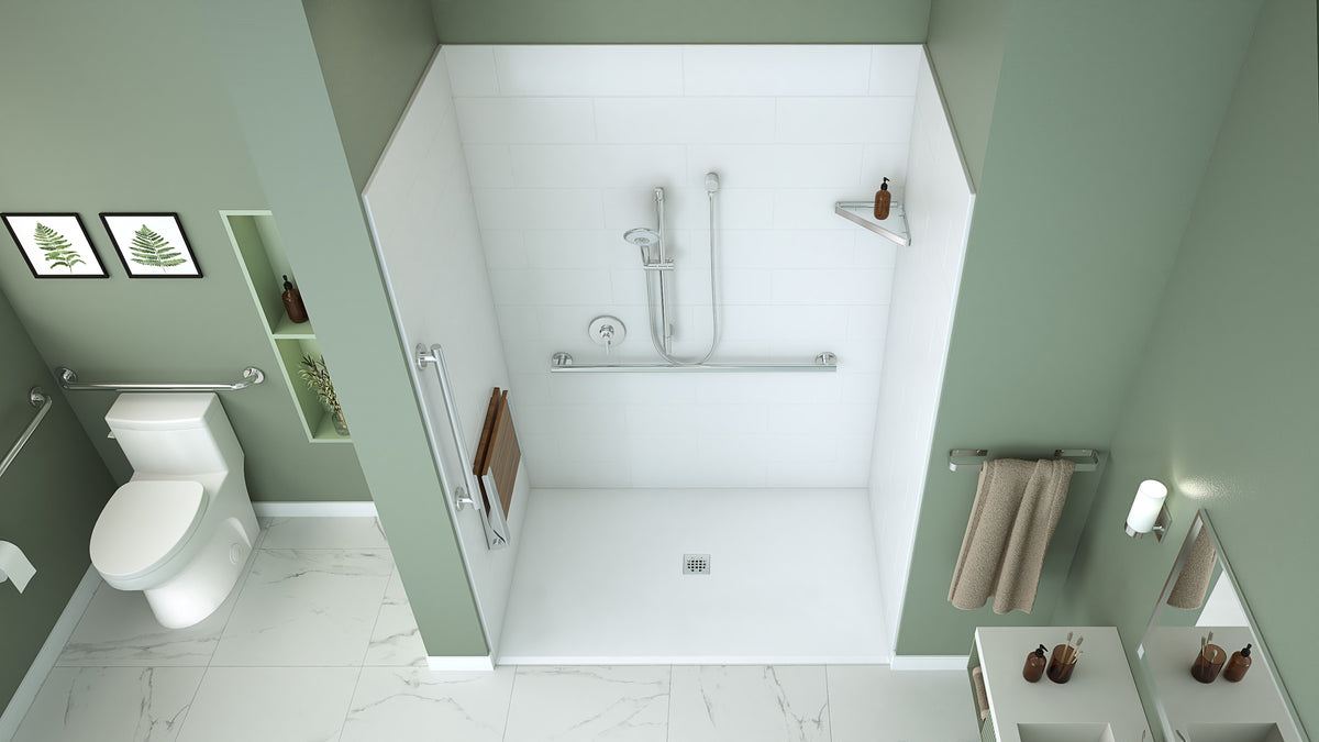 Neptune Aspire 6238 Acrylic Alcove Shower Base in White with Anti-slip and PVC Center Drain in Matte Black