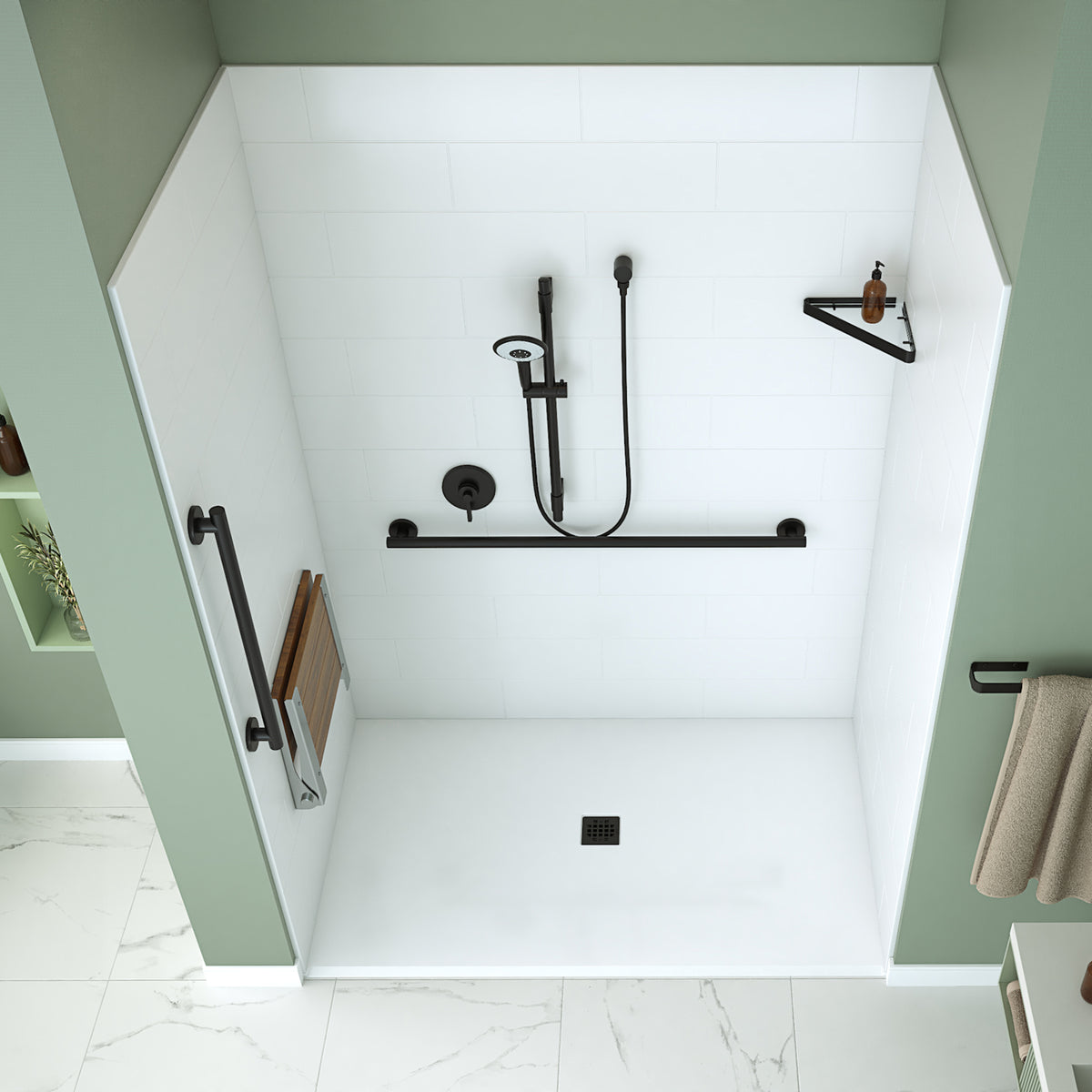 Neptune Aspire 6238 Acrylic Alcove Shower Base in White with Anti-slip and PVC Center Drain in Matte Black - image 10