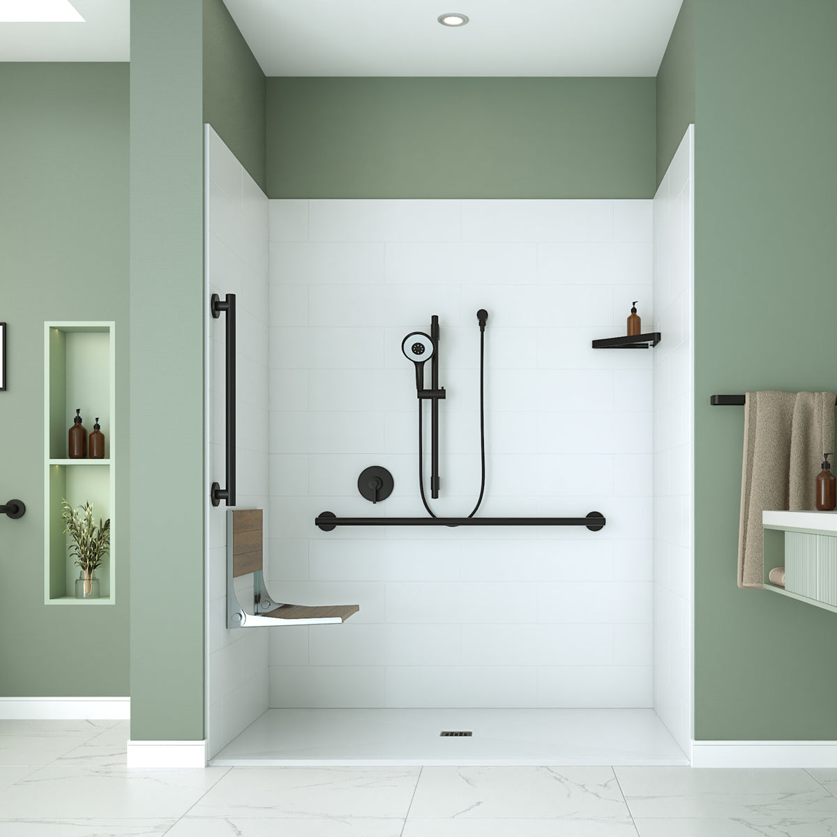 Neptune Aspire 6238 Acrylic Alcove Shower Base in White with Anti-slip and PVC Center Drain in Matte Black - image 12