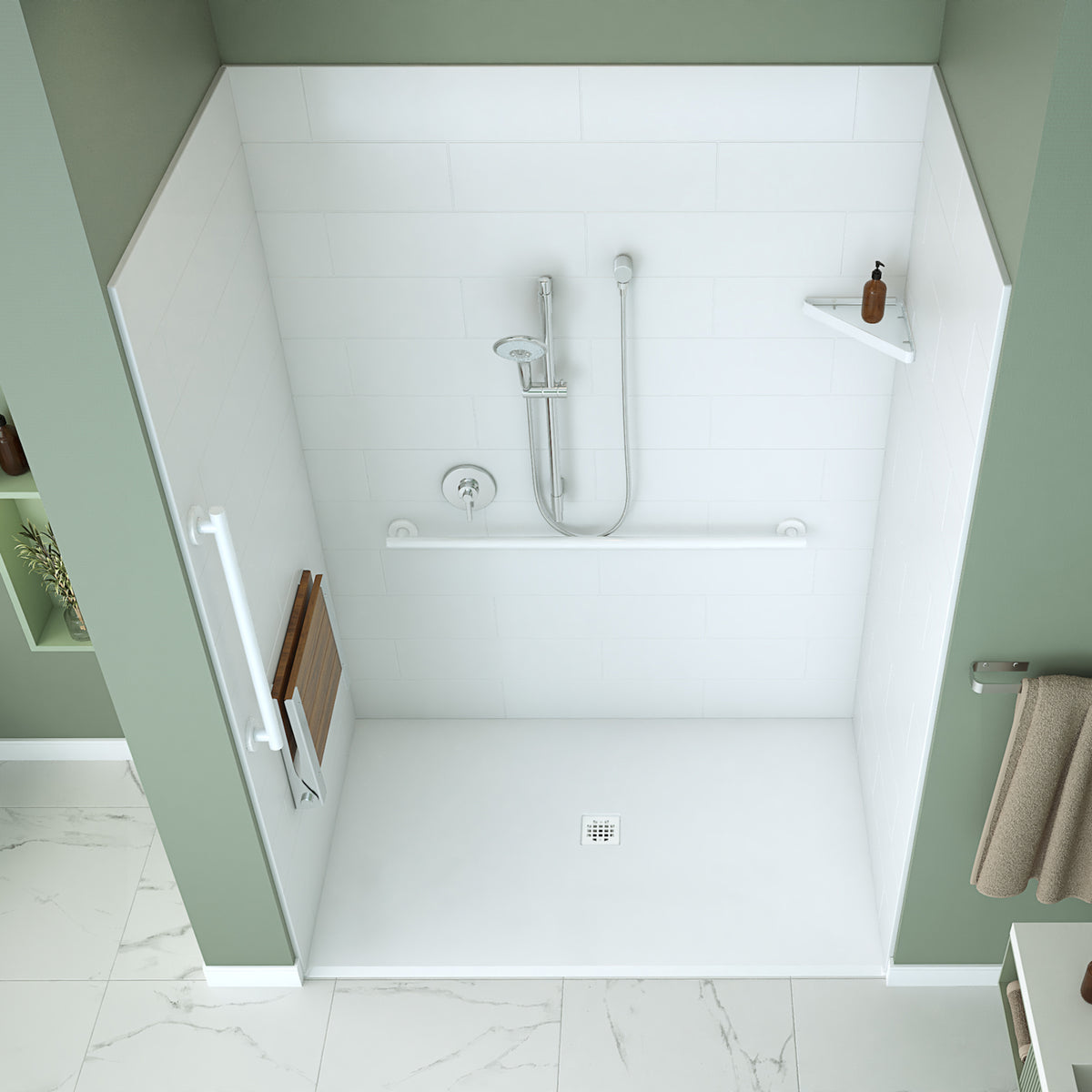 Neptune Aspire 6238 Acrylic Alcove Shower Base in White with Anti-slip and PVC Center Drain in Matte Black - image 14