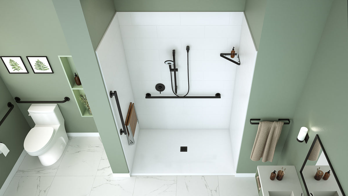 Neptune Aspire 6238 Acrylic Alcove Shower Base in White with Anti-slip and PVC Center Drain in Matte Black - image 6