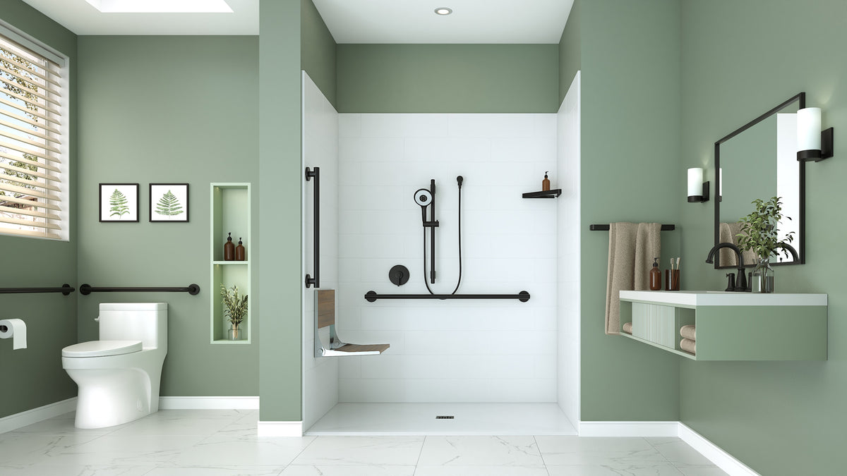 Neptune Aspire 6238 Acrylic Alcove Shower Base in White with Anti-slip and PVC Center Drain in Matte Black - image 8