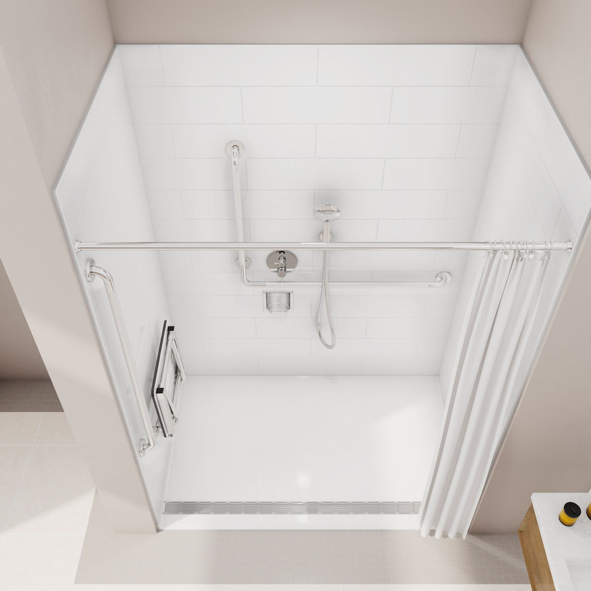 Neptune Aspire 6238 AcrylX Alcove Shower Base in White with ABS Linear Drain in Chrome