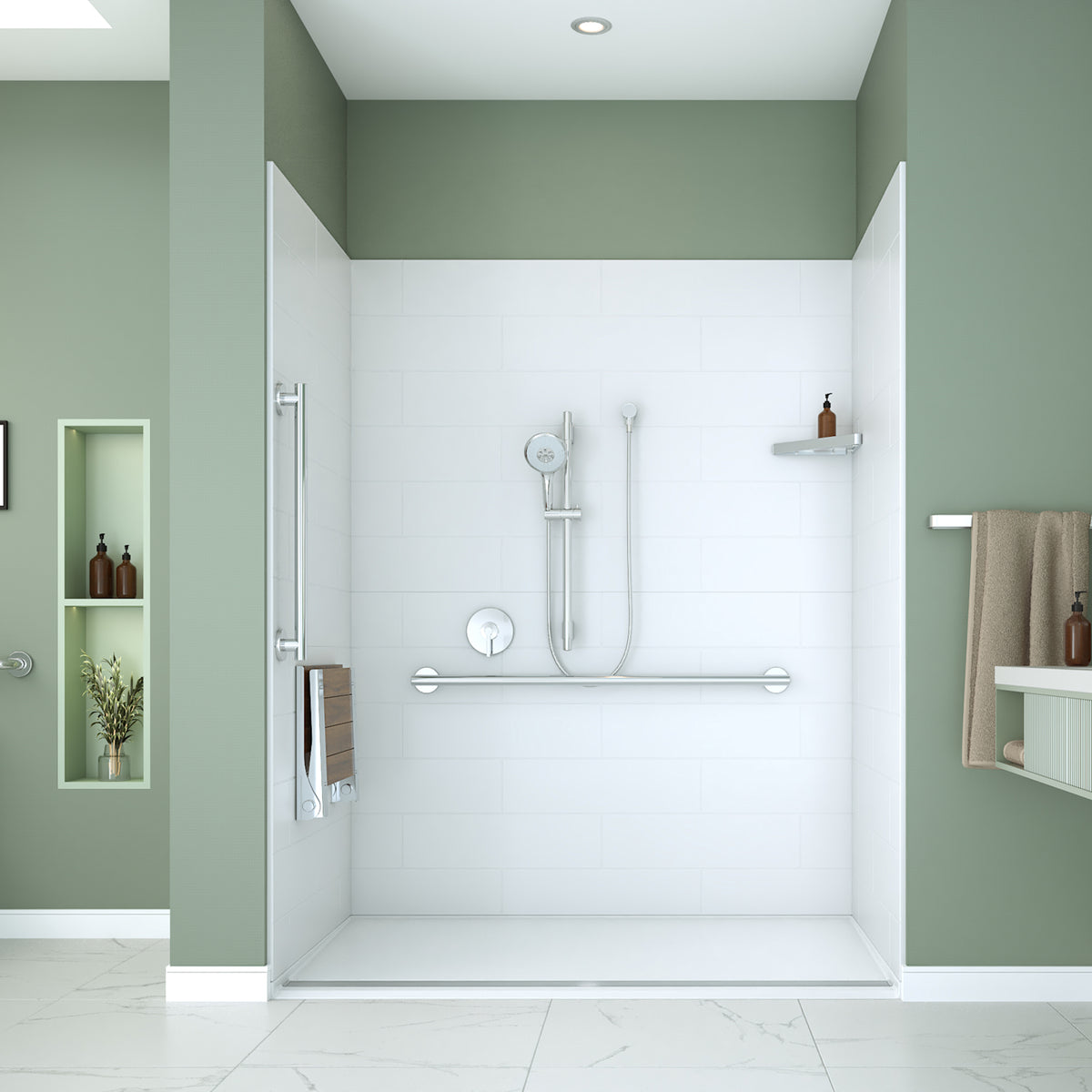 Neptune Aspire 6238 Premium Alcove Five-Piece Shower with ABS Linear Drain in White and Chrome Bars