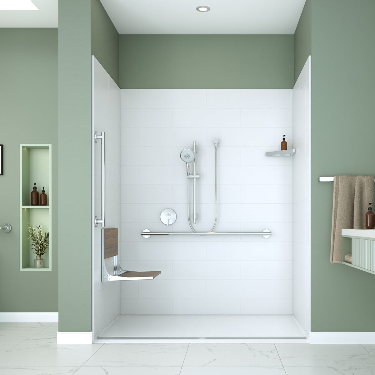 Neptune Aspire 6238 Premium Alcove Five-Piece Shower with ABS Linear Drain in White and Chrome Bars - image 22