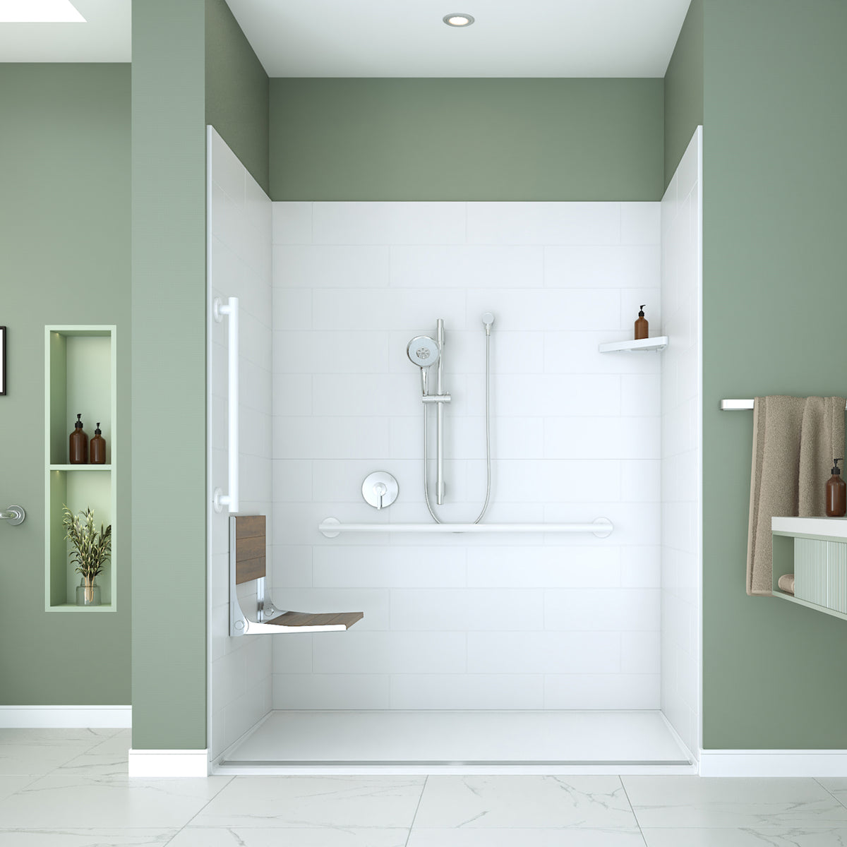 Neptune Aspire 6238 Premium Alcove Five-Piece Shower with ABS Linear Drain in White and Chrome Bars - image 50