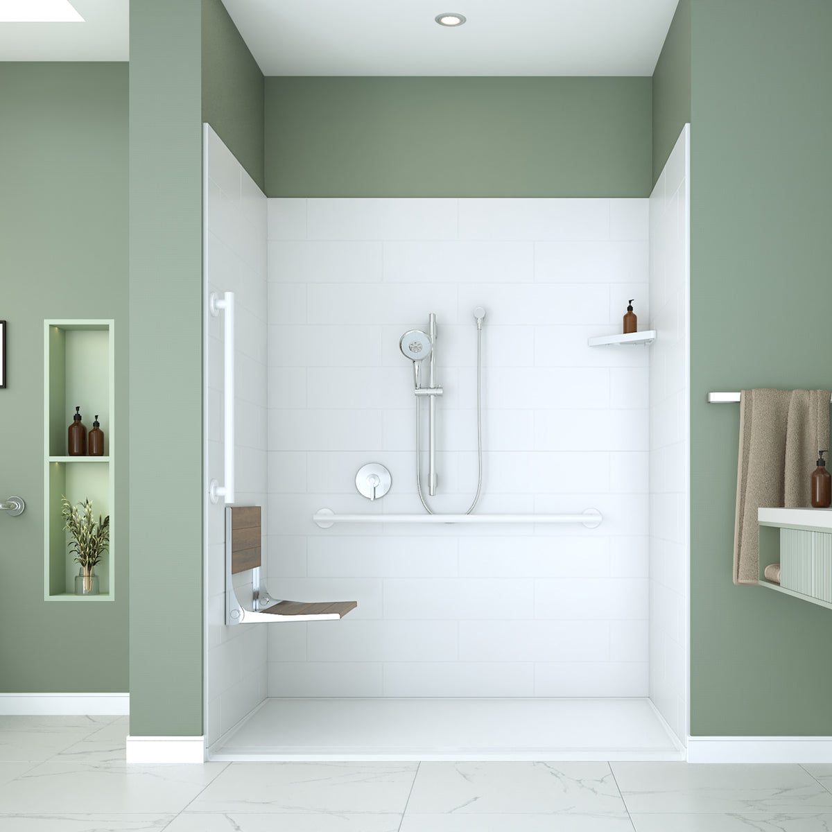 Neptune Aspire 6238 Premium Alcove Five-Piece Shower with ABS Linear Drain in White and Chrome Bars - image 54